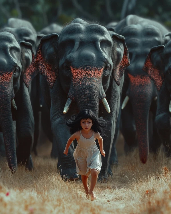 Surreal Dali-Inspired Portrait of a Child and Elephants