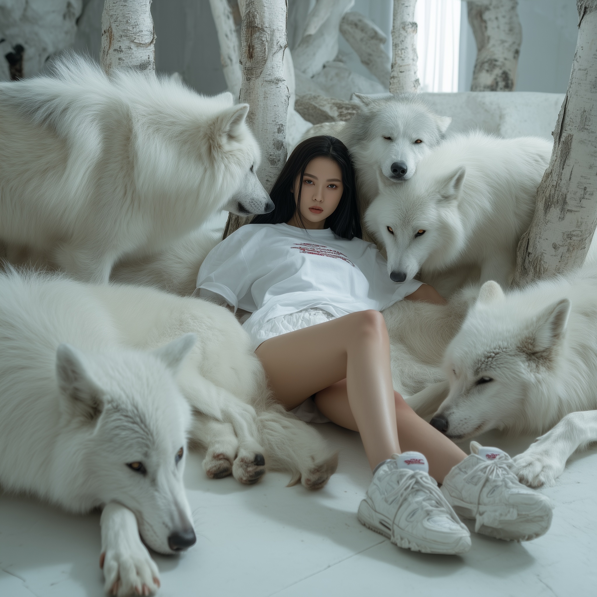 Korean Model Among Wolves in Birch Forest Fashion