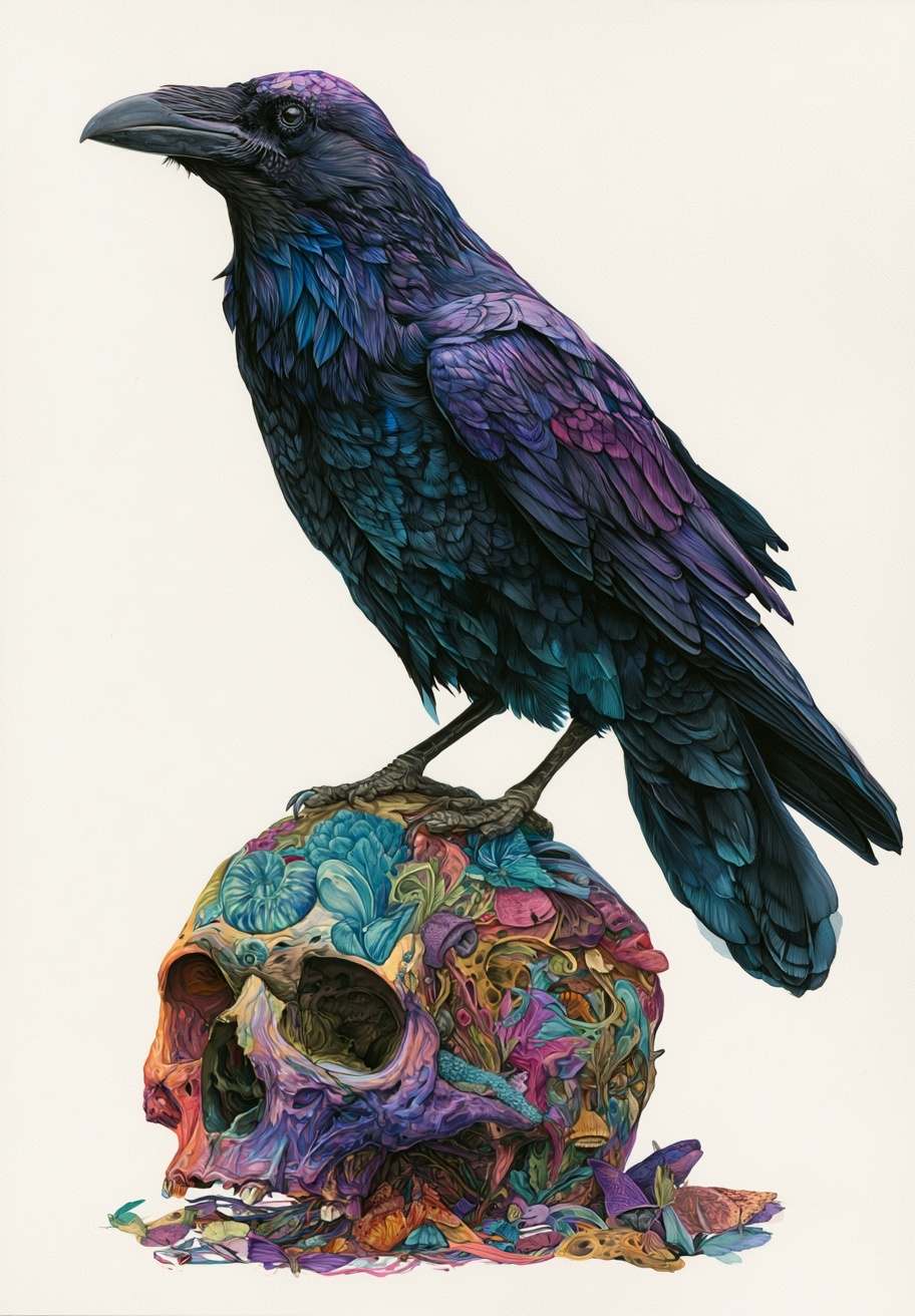 Vibrant Psychedelic Raven on Colorful Skull