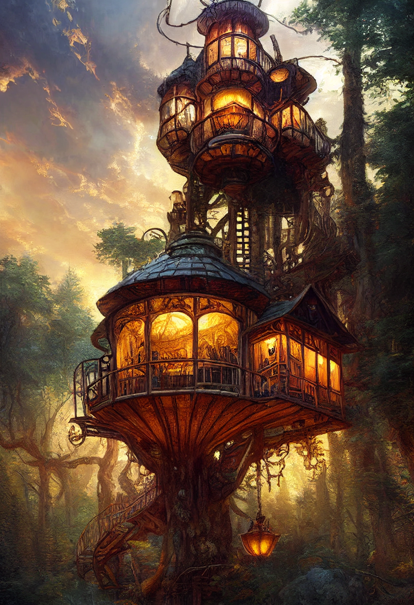 Steampunk Forest Treehouse: Golden Hour Hyperreal Illustration