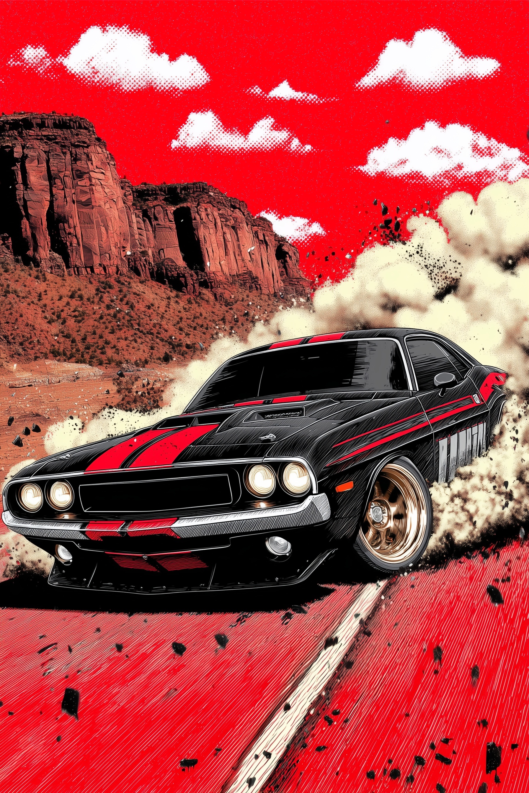 Power and Speed: Black Muscle Car in Canyon Drift