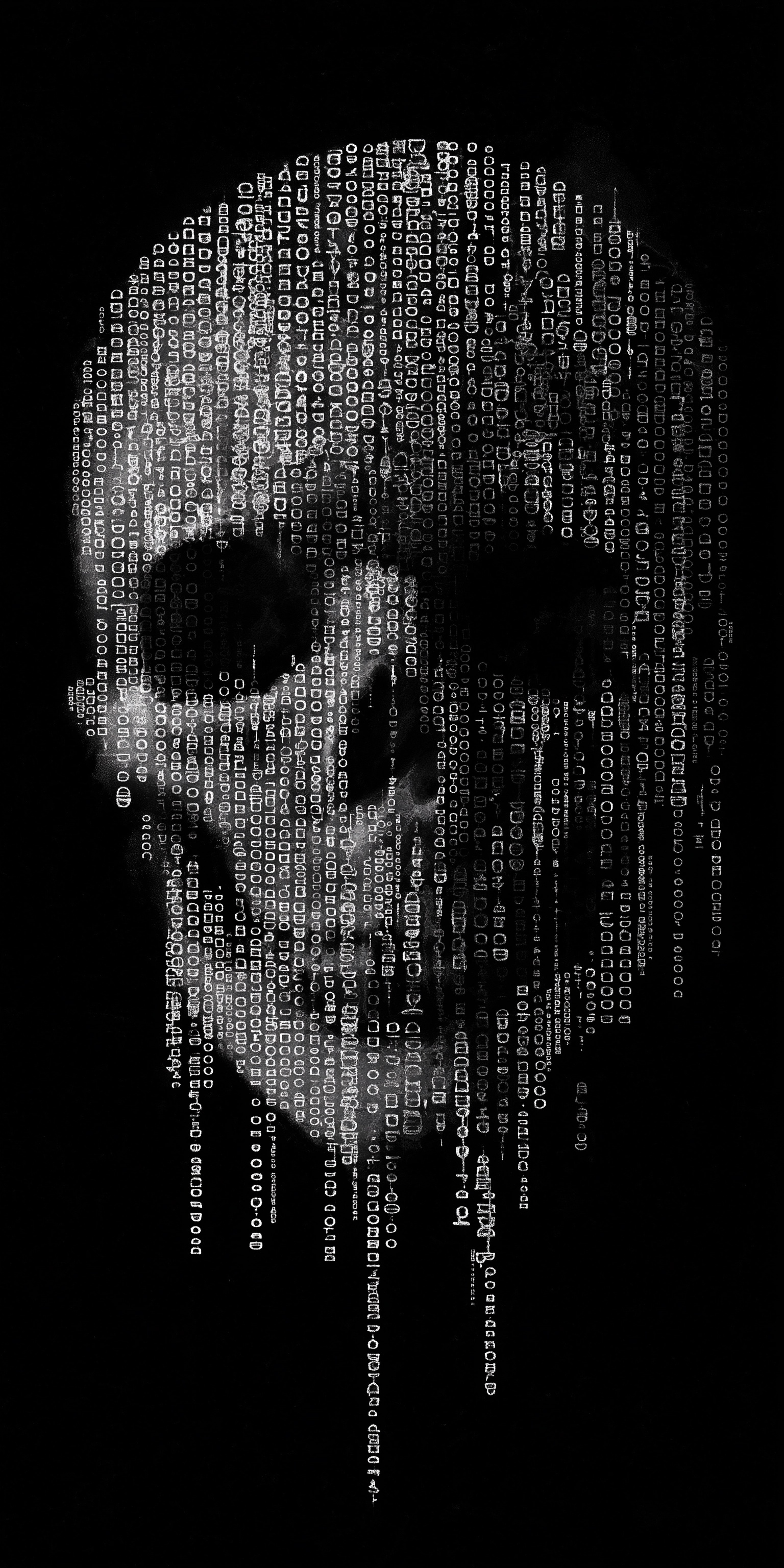 Digital Skull: Numbers and Glitch Effect on Black