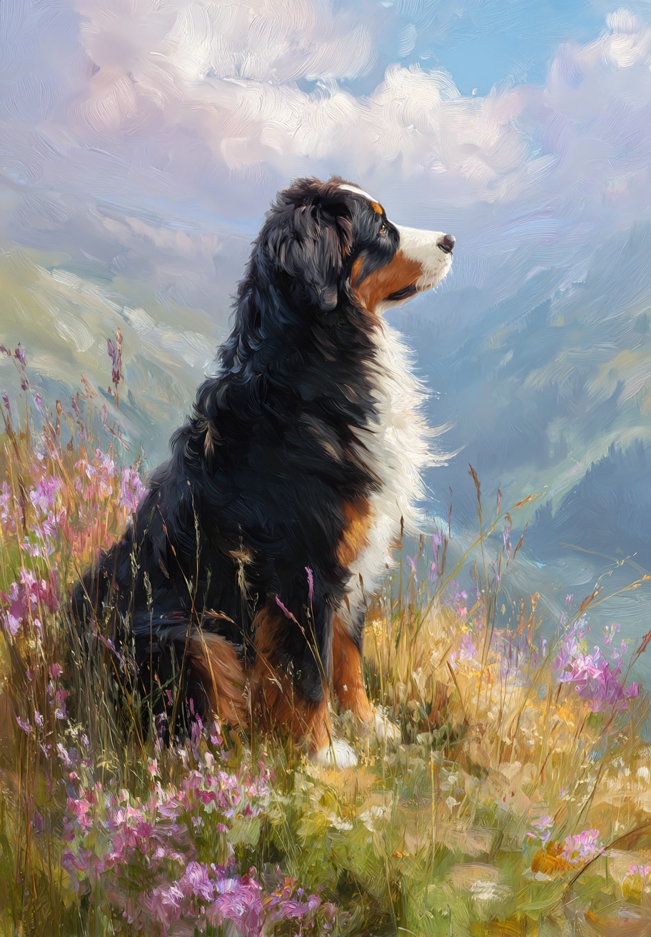 Serene Bernese Mountain Dog in Dreamy Landscape