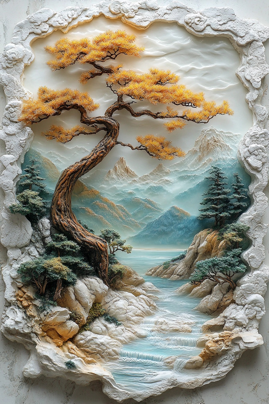 Ornate 3D Plaster Frame with Scenic Landscape Art