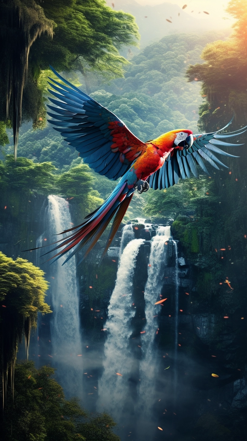 Majestic Exotic Parrot: Cinematic 8K Flight Over Waterfall