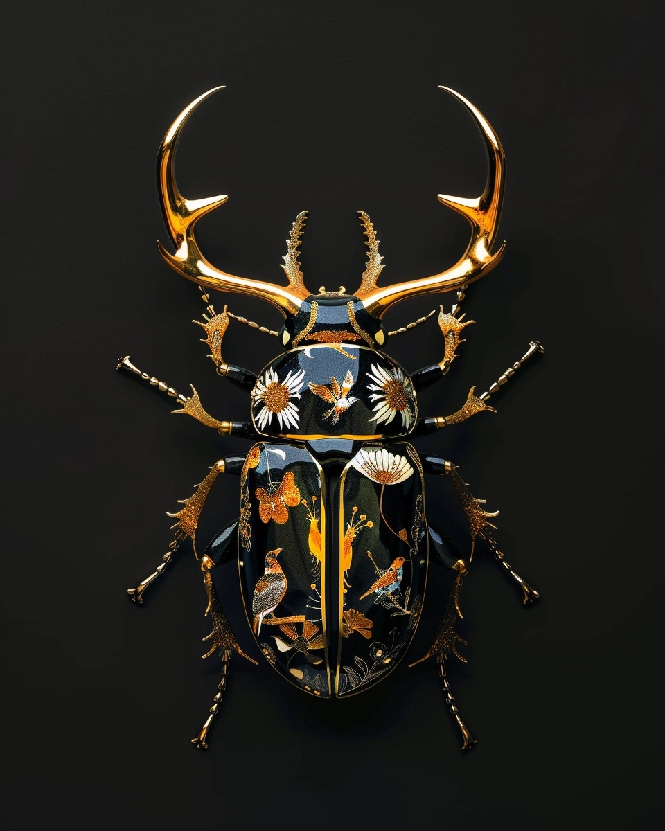 Stunning Gold Black Porcelain Deer-Stag Beetle Art
