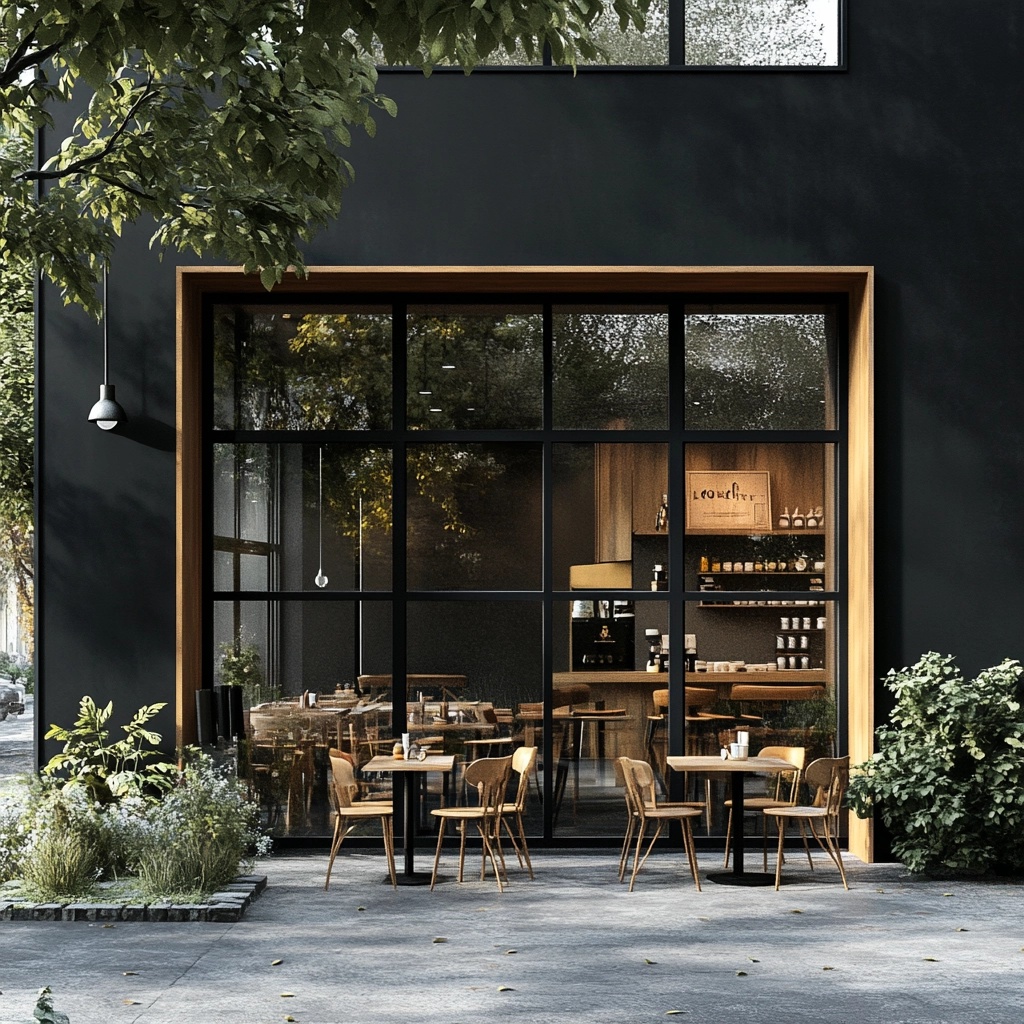 Chic Black Cafe: Modern Design & Warm Ambiance