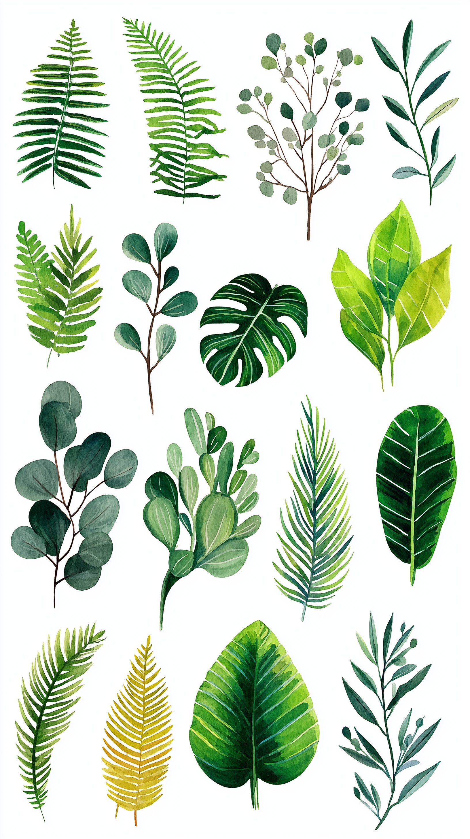 Watercolor Clipart Set: Green Plants & Leaves