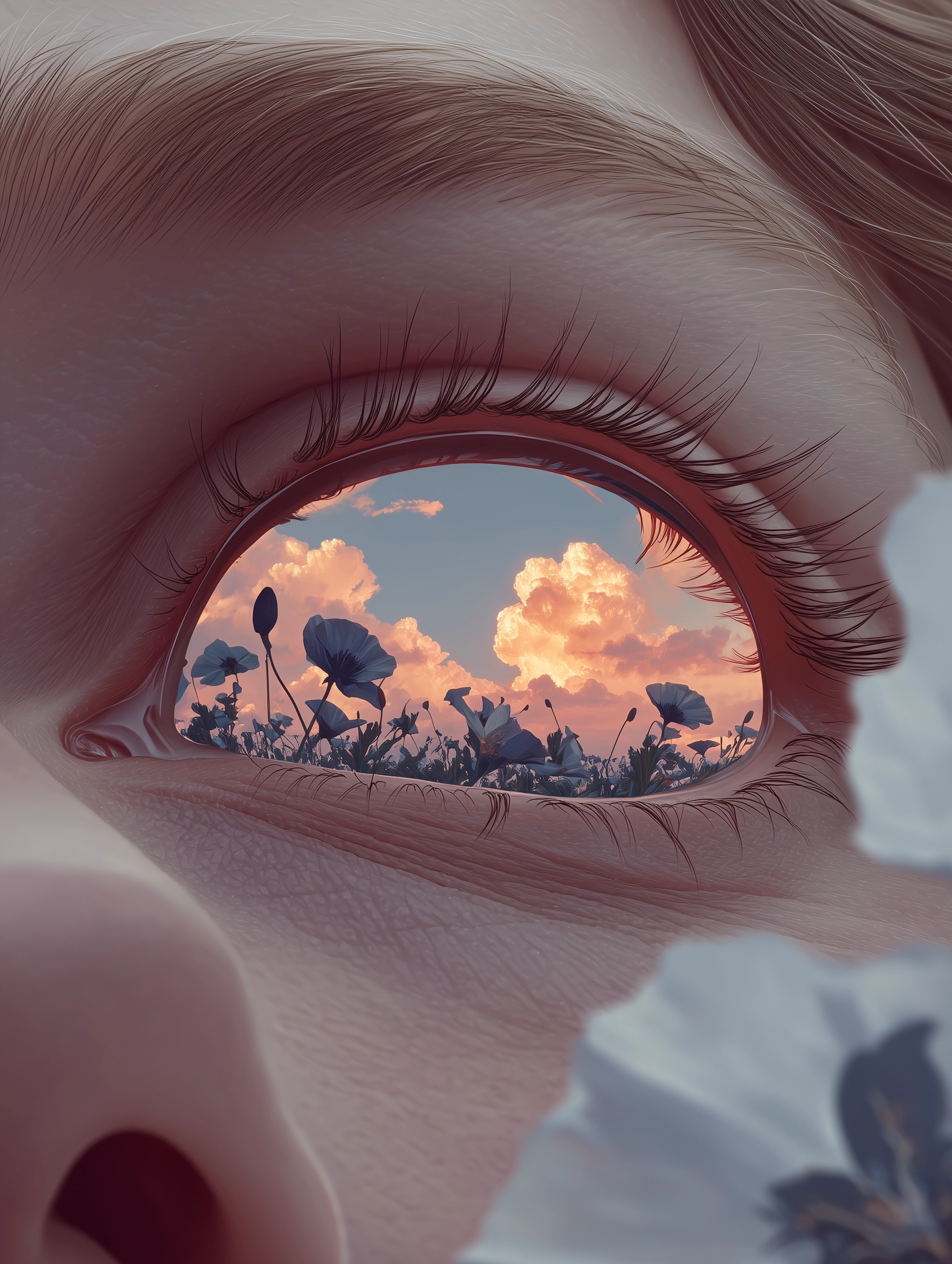 Surreal Eye Reflection of Poppies at Sunset