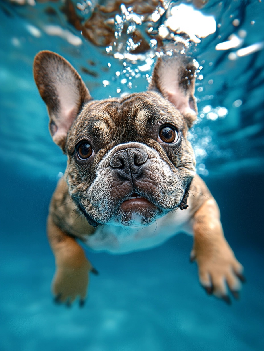 Vibrant French Bulldog Swimming in Clear Pool