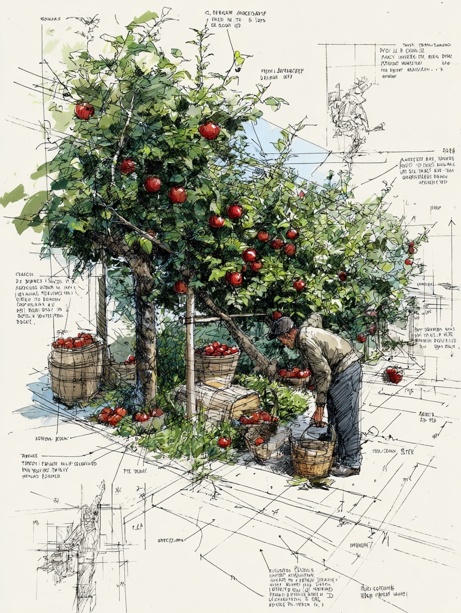 Vibrant Apple Orchard Farming Blueprint Art