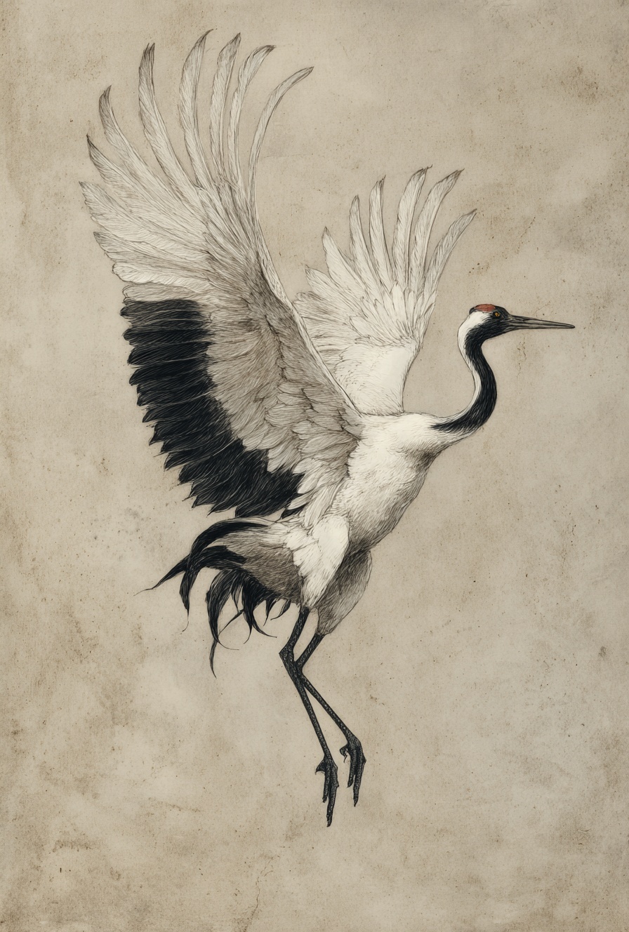 Elegant Crane in Flight: Minimalist Art Design