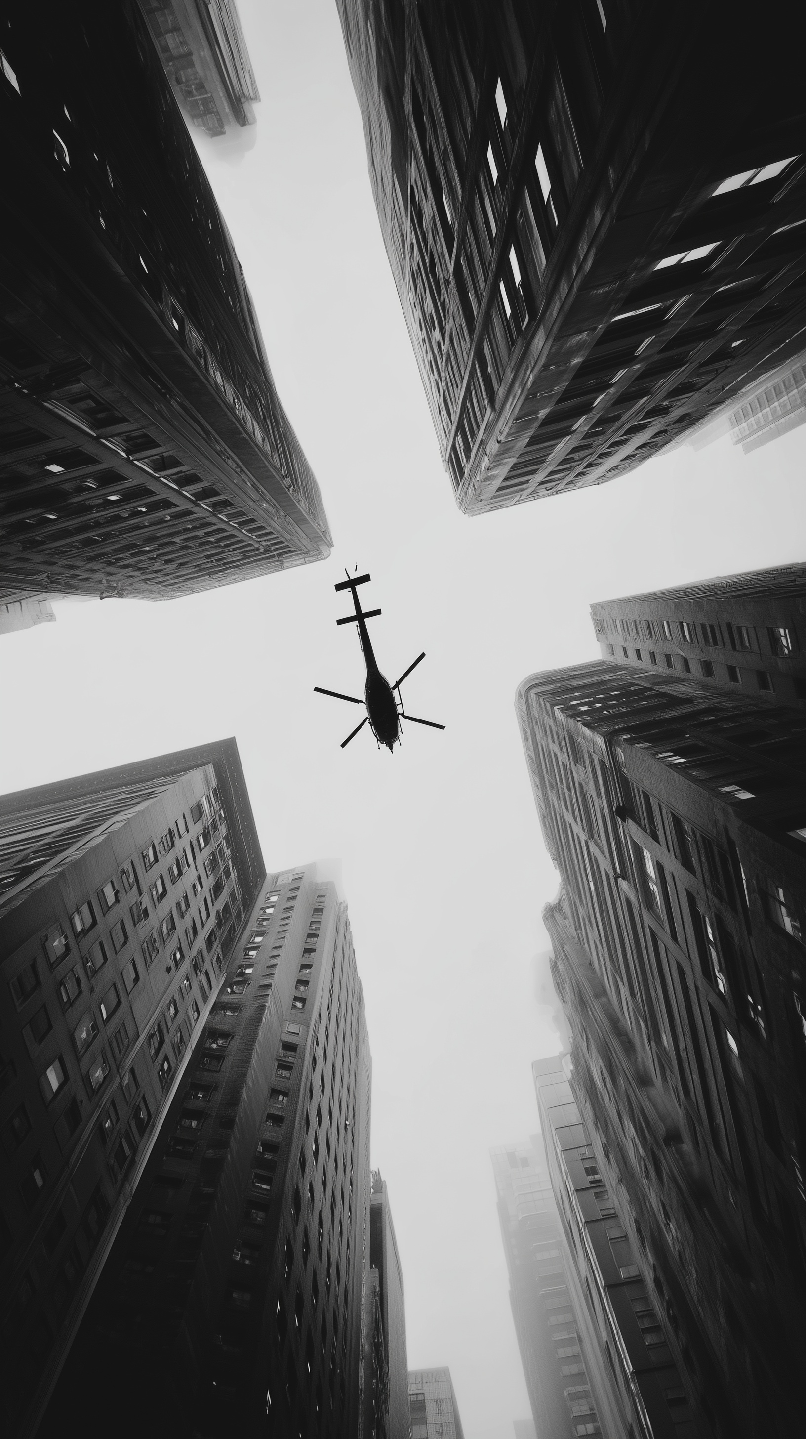 High-Contrast Helicopter Aerial in Urban Landscape
