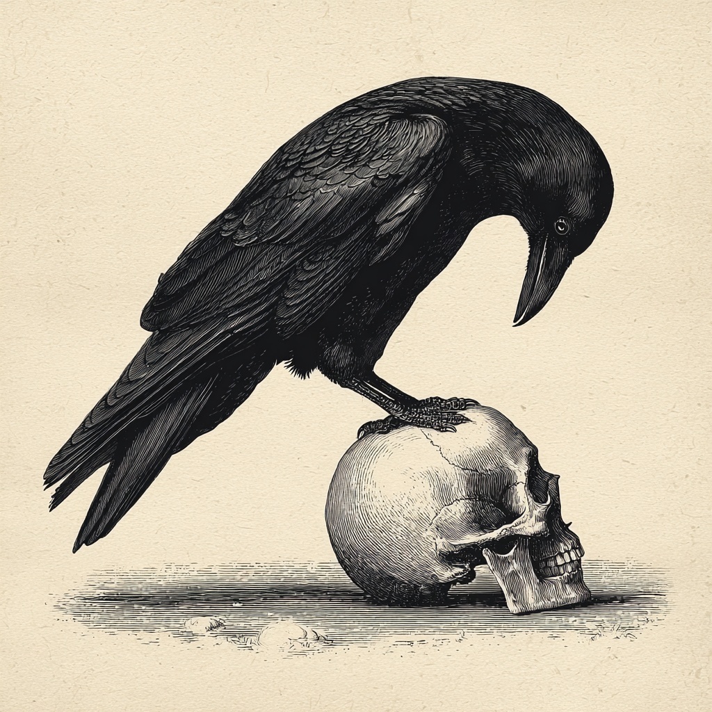 Curious Crow on Human Skull: Cartoon Design