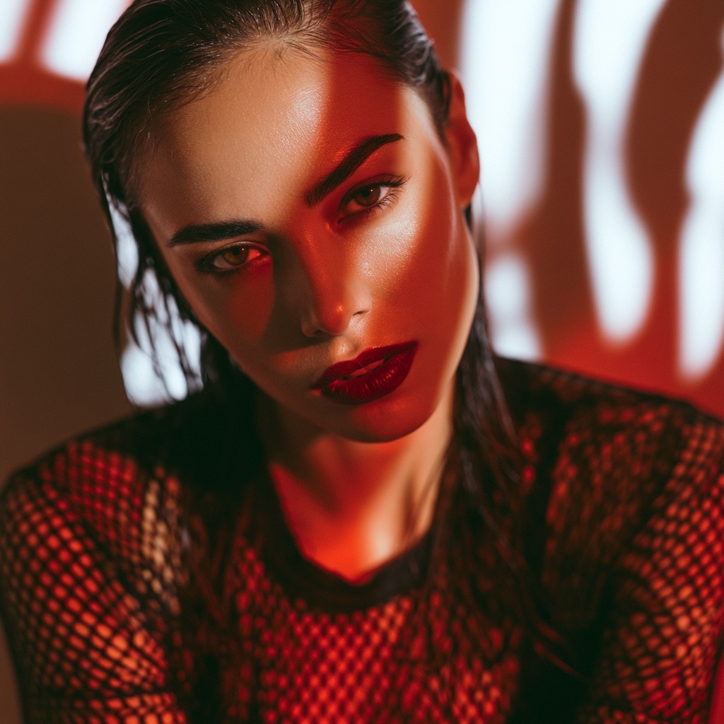 Chic Wet-Look Hair & Bold Lips in Surreal Lighting