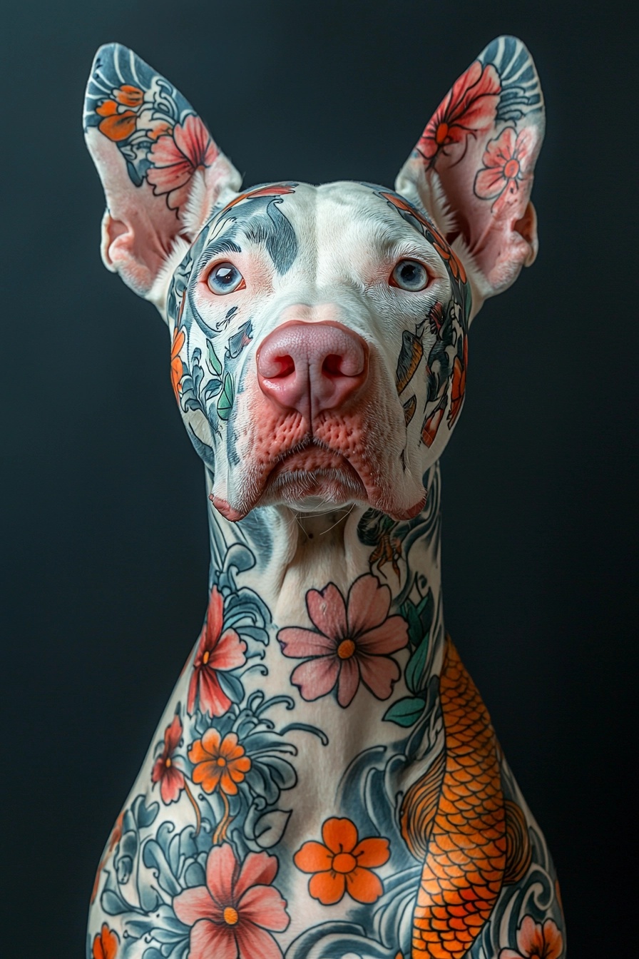 Albino Doberman with Colorful Tattoo Art