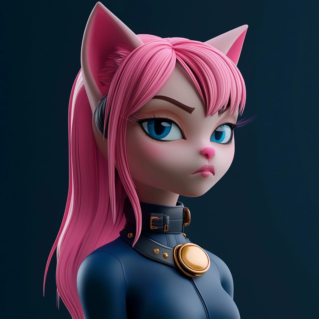 3D Cat CEO Avatar with Pink Hair in Cartoon Style