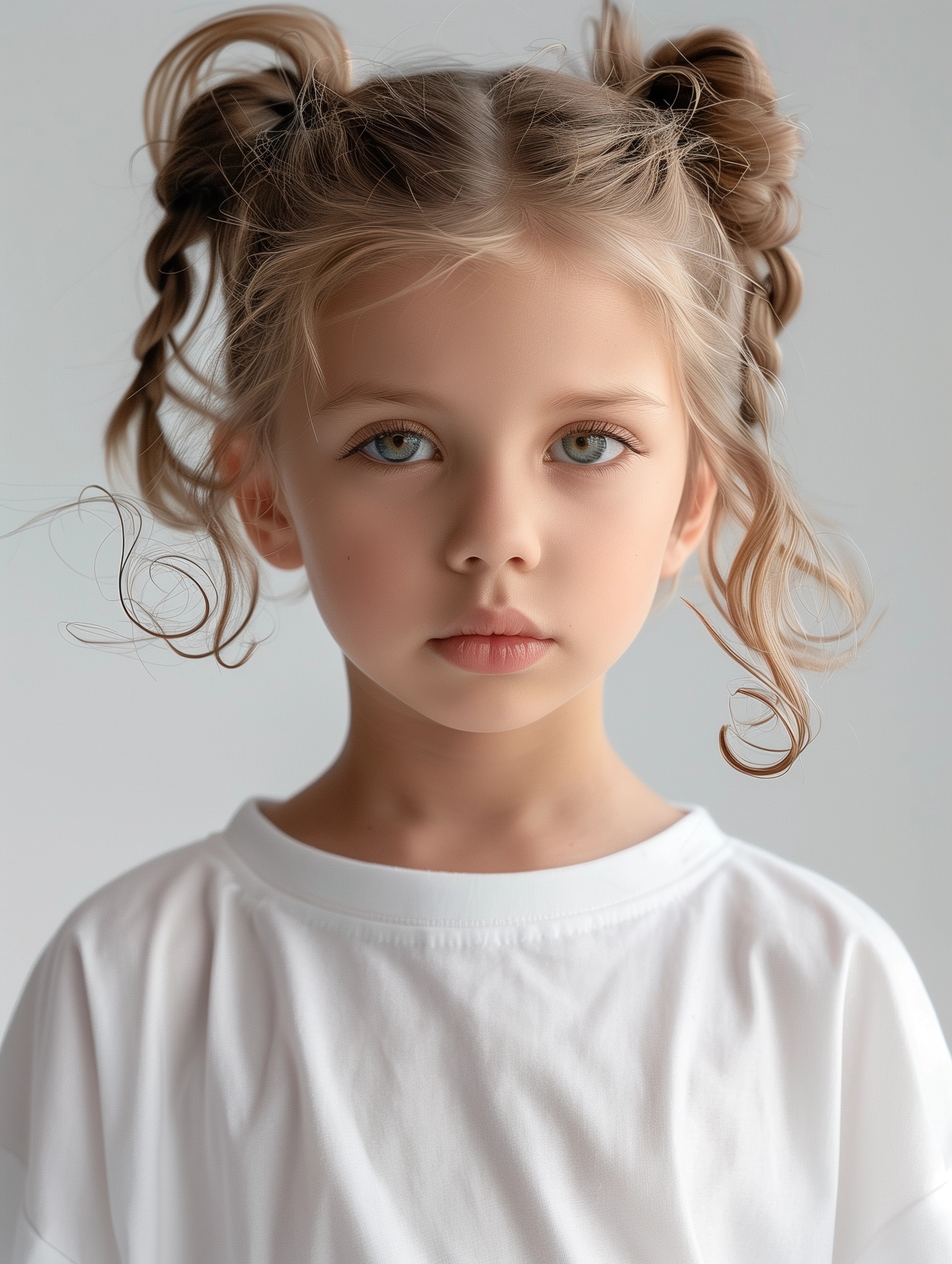 Hyper Realistic Studio Portrait of 8-Year-Old Girl in White T-Shirt