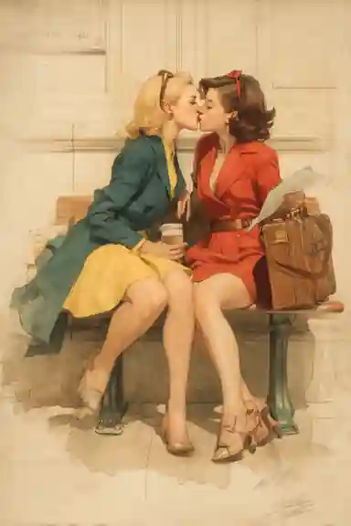 1940s Charm: A Kiss of Friendship in Watercolor