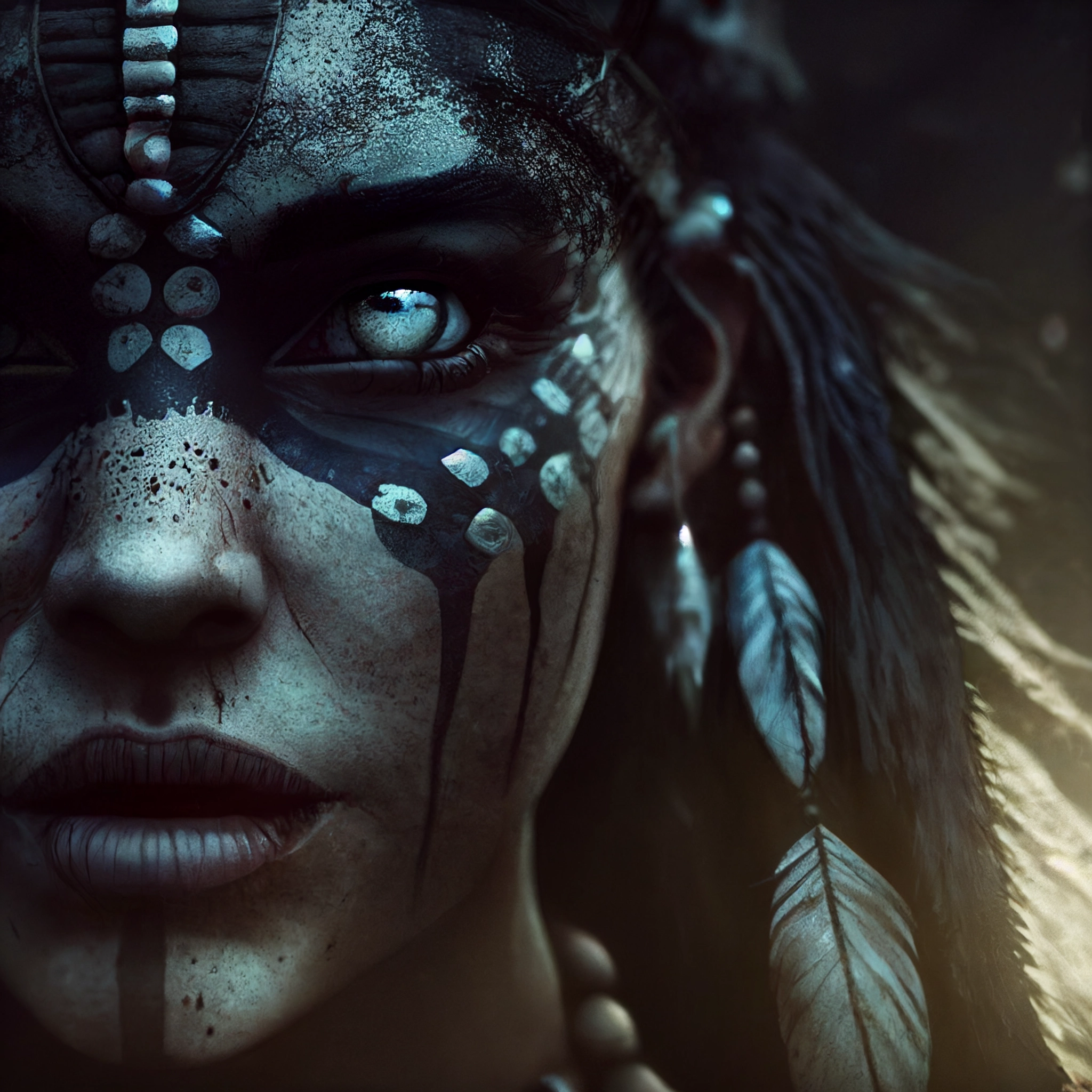 Eerie Close-Up of Prehistoric Woman in Dark Temple